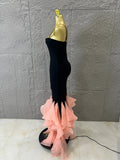 Elegant Bandage Mermaid Dress with Nude Mesh V-Neck and Pink Tulle Ruffle Bottom for Prom Formal Dinner Event Outfit