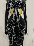 2025 Women Sparkly Diamonds Tassels Chain Balck Sexy Halter Backless Long Dress Evening Birthday Party Celebrate Stage Costume