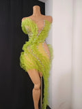 Luxury Green Sheer Mesh Ruffle Dress Neck Crystal Rhinestone Trim Cut Out Slim Fit Evening Wedding Guest Cocktail Party Dress