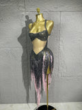 Singer Stage Nightclub Outfit Sexy Chic Gray Pink Glittering Beaded Fringed Halter Dress Performance Costume Dance Party