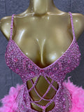 Glamorous Pink Sparkly Rhinestone Feather Trim Bodysuit Performance Costume Singer Stage Outfit Birthday Party Nightclub Wear