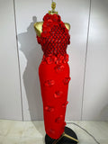 Women Black Red Beaded Flower Mesh Patchwork Long Bandage Dress Celebirty Elegant Prom Evening Club Party Birthday Dresses