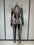 Luxury Rhinestones Skeleton Mesh See Through Jumpsuit Long Sleeve Nightclub Cos Party Stage Performance Halloween Costume