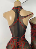 Sparkly Rhinestone Shining Women Sexy Bodycon See Through Irregular Hem Mini Dress Birthday Party Performance Costume