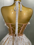 Sexy Pearl Sequins Tassel Sleeveless Glitter Mini Dress Women Singer Bar Nightclub Stage Performance Clothing Show Outfit