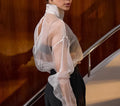 Solid Loose Fashion Blouse for Women Stand Neck Long Sleeves Patchwork Sheer Elegant T Shirts Female Clothing New