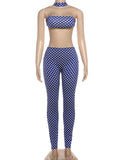 Hottie Polka Dot 2-Piece Set Women Halter Chest Wrapped Backless Top+Ruched Peach Hip Pants Stretch Skinny Clubwear