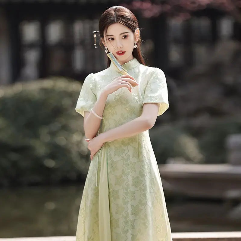 Olive Girl Green Dramatic Qipao for Ren Faire 2026 Garden Wedding Fairycore Photoshoot Everyday Wear S-XXL XS-3XL Plus Size Dramatic Silhouette Romantic Cottagecore Garden Party Editorial Not Costume Chinese Heritage Fashion Women