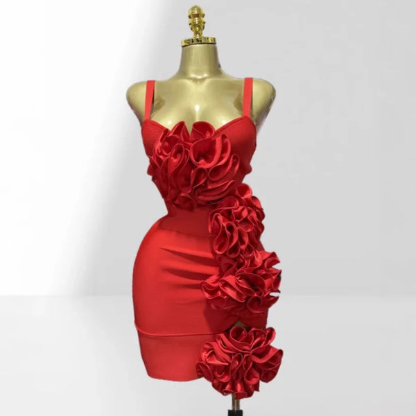 Summer 3D Bud Glam Hollow Red Suspender Dress Fashion Hot Party Performance Evening Gown Show Costumes Abito Da Cerimonia Donna