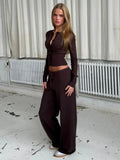 White Ribbed Knit Two Piece Set for Women Slim Button Accent Cardiagns Low Waist Loose Pant Suit for Casual Outings
