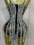 Sexy Sparkly Rhinestones Long Tassels Red Mesh Stretch Bodysuits Women Eveing Party Birthday Nightclub Performance Stage Costume