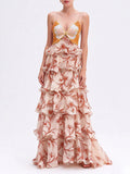 Spaghetti Strap Floor Length Dress for Women Deep V Backless Crisscross Tie Up Tiered Ruffle Floral Print for Evening Party