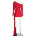 Sexy Christmas Dress Women Ruched Elegant Ribbon Irregular Full Sleeve Evening Skew Collar Skinny Peach Hip Bodycon