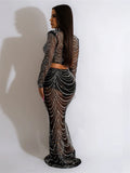 Sexy Black Rhinestone Dress Set Womens Long Sleeve Crystal Clubwear Skinny Maxi Dresses Elegant Rhinestone Birthday Dress