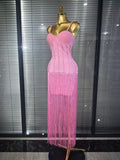 4 Colors Women Sexy Strap Shining Beading Long Tassles Bodycon Long Bandage Dress Elegant Evening Party Celebrate Birthday Wear