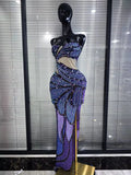 Purple Shining Rhinestones Women Sexy Strapless Mesh See Through Bodycon Long Maxi Dress Celebrate Nightclub Party Birthday Wear
