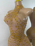 Sparkly Rhinestone Shining Women Sexy Bodycon See Through Irregular Hem Mini Dress Birthday Party Performance Costume