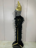 Women Sexy Elegant Evening Party Luxury Birthday Photo Shoot Performance Costume Sparkly Rhinestone Feather Mesh Long Dress