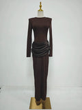 Elegant Style Pencil Dresses for Women O Neck Shoulder Pud Long Sleeve High Waist Pleated Slim Maxi Dress Female