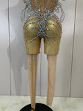 Sexy 3D Butterfly Strapless Mesh See Through Jumpsuit Sparkly Silver Diamond Eveing Party Birthday Bar Nightclub Stage Costumes