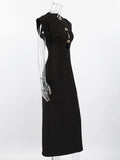 Black Loose Spliced Buttos Chic Dresses for Women O Neck Sleeveless Elegant Commute Dress Female Summer Fashion New