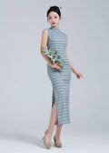 Improved Artistic Grid Long Sleeveless Cheongsam Dress Spring New Fashion Young Girl's Daily Qipao Dress