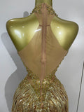 Women Sparkly Diamonds Pearls Tassel Sexy Mesh Stretch Dress Latin Dance Luxury Birthday Outfits Nightclub Party Stage Costume