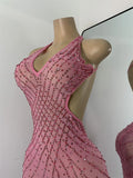 Luxury Rhinestones Pink Elegant Princess Long Dress Design Women Sexy Mesh Split Backless See Through Dresses For Special Events