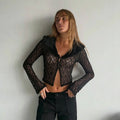 Patchwork Fur Collar Lace t-Shirt Women See Through Single-Breasted Full Sleeve v-Neck Skinny Sexy Midnight Crop Tops