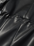 Black Slimming Leather Jacket for Women Lapel Long Sleeve Patchwork Double Breasted Fashionable Coat Female Autumn