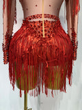 Women Long Sleeve Sexy Shinning Tassels Rhinestone Bodycon Bodysuit High Stretch Bar Dancer Nightclub Stage Wear Birthday Outfit