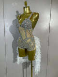 Women See Through Evening Nightclub Bar Party Dance Stage Dress Luxury Sparkly Rhinestones Mesh White Ruffles Patchwork Bodysuit