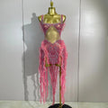 Sexy Mesh Ruffle See-Through Pink Mini Dress Women Sparkly Rhinestone Evening Gown Show Girl Night Club Star Performance Costume
