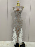 Women Sparkly Rhinestone Feathers Sleeveless O Neck Bodycon Long Dress Wedding Guest Gowns Luxury Birthday Evening Party Dress