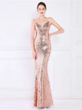 Women Spaghetti Strap Party Maxi Dress Sexy V Neck Evening Green Sequin Dress Elegant Long Prom Dress Vestido Longo