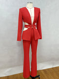 Red Sexy V-neck Long Sleeve Jacket+High Waist Flare Pants Blazer Set Women'S 2026 New Hollow Out Designer Two-Piece Set