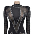 Sparkly Rhinestone Perform Costume Long Sleeve Sheer Mesh Jumpsuit Singer Party Show Outfit Club Patchwork Skinny Jumpsuits