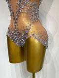 Women Sexy See Through Crystal Bodysuits Luxury Birthday Dancer Stage Performance Wear Mesh Sparkly Rhinestone Nightclub Outfit