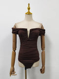 Solid Patchwork Folds Bodysuit for Women V Neck Off The Shoulder Slimming High Waist Sexy Backless Playsuit Female