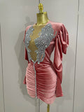 Luxury Sparkly Crystals Sexy Mesh White Velvet Short Dress 2025 Women Elegant Evening Prom Birthday Party Dresses Stage Costume