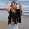 Sexy Cape Style Lace Perspective Top Women Half High Neck Short Sleeve Solid Irregular Pullover Lady Chic Casual Beach Top Cloth