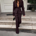 Solid Office Suit for Women Deep V Neck Long Sleeve Spliced Single Button Blazer Wide Trousers Two Piece Set Female