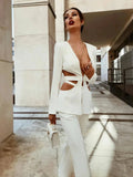 Red Sexy V-neck Long Sleeve Jacket+High Waist Flare Pants Blazer Set Women'S 2026 New Hollow Out Designer Two-Piece Set