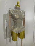 2026 Sparkle Rhinestones Long Sleeve Gloves Stretch Bodysuits Women Evening Luxury Birthday Party Sexy Nightclub Stage Costumes