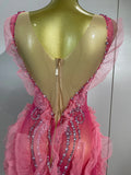Sexy Mesh Ruffle See-Through Pink Mini Dress Women Sparkly Rhinestone Evening Gown Show Girl Night Club Star Performance Costume
