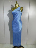 Women Elegant Evening Party Cocktail Club Prom Gowns Birthday Dress Sexy One Shoulder Tassels Sky Blue Bodycon Bandage Dress