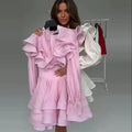 Ruffle Women Dress V Neck Waist Tie Dress Puff Sleeve Mini Dresses Tiered Layered Skirt Daily Dating Outfit With Layered Hem