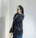 Women's Motorcycle Leather PU Imitation Leather Loose Jacket Black Jacket