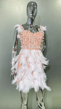 2026 Women's Heavy Industry Beaded Feather V-neck Waist-cinched Short Dress Luxury Haute Couture Party Evening Performance Gown