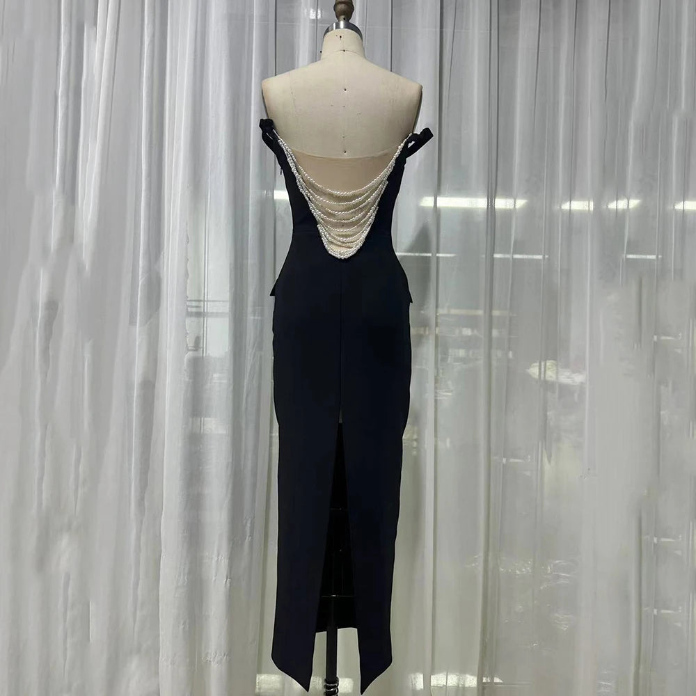 2026 New Sexy Pearl Bead Tassel Slim Long Dress Women'S Off Shoulder Straps Bodycon Maxi Dress Elegant Evening Party Gown